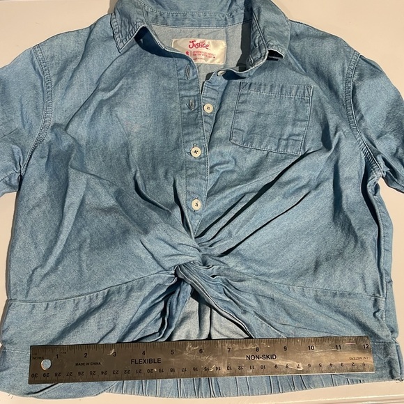 3/$20 Justice Girls Denim Blouse Size 8 - Button-Up Knot Front Shirt - Picture 7 of 10